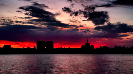 Fototapeta na wymiar Bucharest cityscape red sunset , Romanian capital 