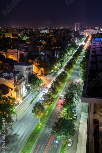 Bucharest Skyline Cityscape With Night Traffic Romania