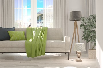 White stylish minimalist room with sofa. Scandinavian interior design. 3D illustration