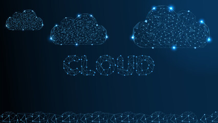 Cloud Technology. Cloud Computing, Big Data or Cloud Computing Concept. Abstract Digital Background. Wireframe Cloud Storage Sign on Dark Blue Background. Vector Illustration or Background.