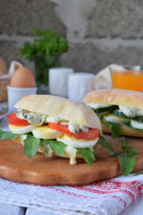 Sandwich from bun panini, cheese sauce, eggs, arugula, tomato and cucumber. Breakfast or snack. Vegetarian food. Healthy diet concept. Rustic photo. Copy space