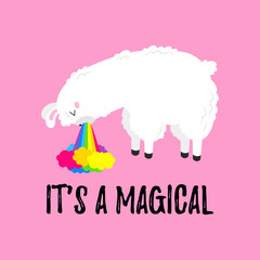 Vector cartoon card. Cute poster with funny llama nauseous rainbow. Doodle illustration. Template, background for print, design
