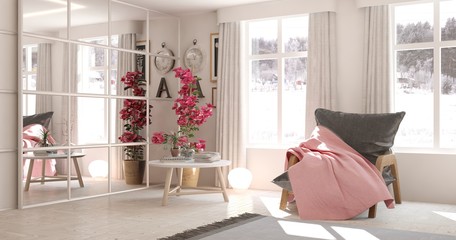 White stylish minimalist room with armchair and winter landscape in window. Scandinavian interior design. 3D illustration