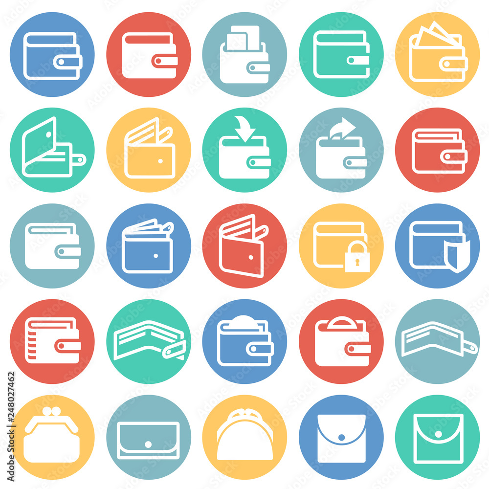 Poster wallet icons on color circles white background for graphic and web design, modern simple vector sign