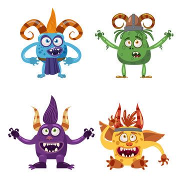 Set of cute funny characters troll, bigfoot, yeti, imp, with different emotions, cartoon style, for books, advertising, stickers, vector, illustration, banner, isolated