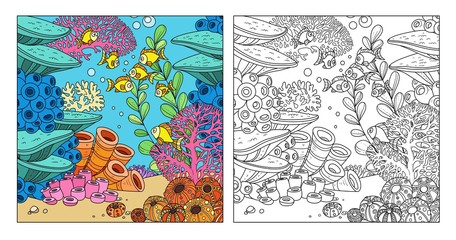 Underwater world with corals and fishes and anemones color and outlined for coloring page isolated on white background