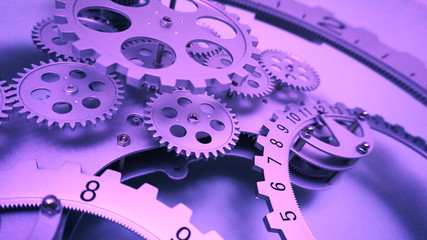 Watch mechanism in pink blue purple tones. Background for clock selling or watch repair sites