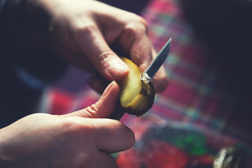 woman hand knife with pickles