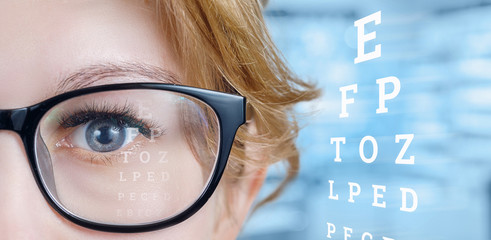 Closeup of a female eye with glasses and a sight test table.