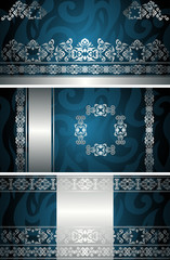 Set of templates for cards, invitations, posters, banners. Vintage silver decoration and blue floral background