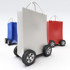 Red, blue and white shopping bags on wheels