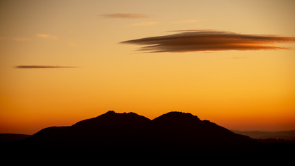 Romanian landscape in Bucovina, silhouette of Rarau mountain in Romania 