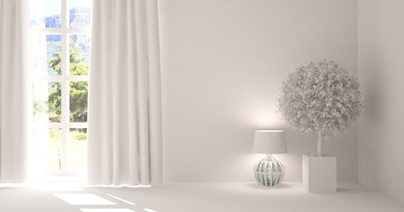 Minimalist empty room in white color. Scandinavian interior design. 3D illustration