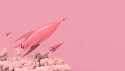 Rocket Group flying in space and smoke with Pastel Pink pastel color tones on Background - Paper art style / 3d render