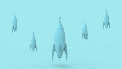 Rocket Group with Blue pastel color tones on Background - Paper art style / 3d render