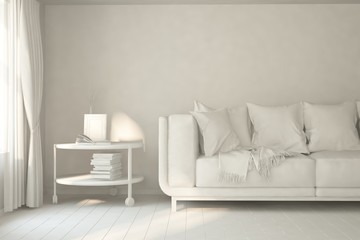 Stylish minimalist room with sofa in white color. Scandinavian interior design. 3D illustration
