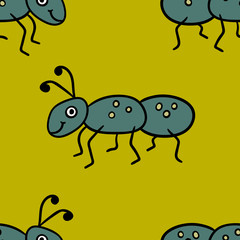 Seamless pattern with cute cartoon doodle linear ant isolated on background. Vector illustration. 
