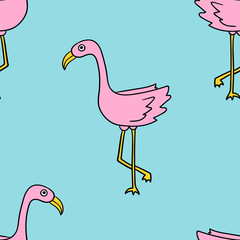 Seamless pattern with cartoon doodle pink flamingo isolated on white background. Vector illustration.