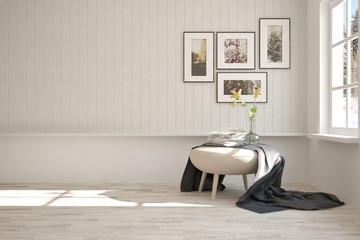 White cozy minimalist room with armchair. Scandinavian interior design. 3D illustration