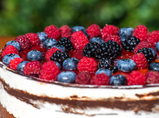 Fresh birthday cake with forest fruit closeup detail 