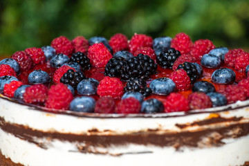 Fresh birthday cake with forest fruit closeup detail 