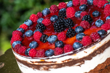 Fresh birthday cake with forest fruit closeup detail 