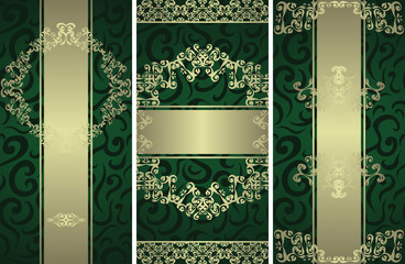 Naklejka premium Set of three vector floral cards with a decorative elements with a green seamless floral wallpaper