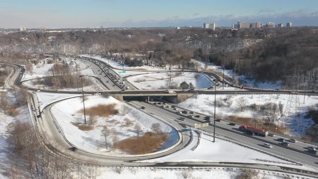 Aerial view of Don Valley Parkway at Don Mills exit. Looking north. Winter in Toronto.