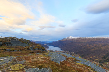 Fjord Gratangen, view from mountain Snolke, sunrise winter