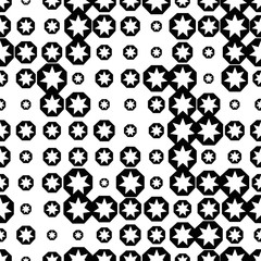Abstract messy halftone seamless pattern with star, hexagon, geometric shapes. Vector illustration.     