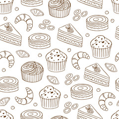 Hand drawn vector seamless pattern with different kind of cakes