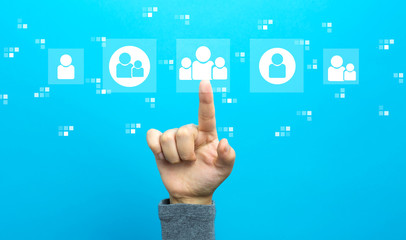 Social connections with hand on a blue background