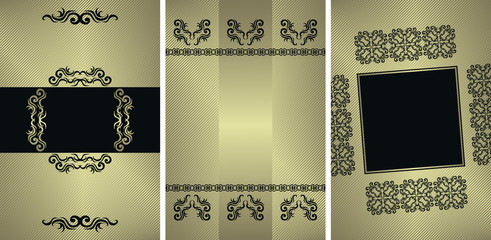 Set of three vintage stylish invitations with black decoration on light striped background