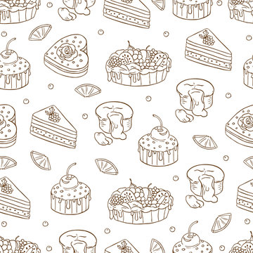 Hand drawn vector seamless pattern with different kind of cakes