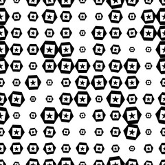 Abstract messy halftone seamless pattern with star, hexagon, square geometric shapes. Vector illustration.      