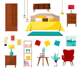 Bedroom interior collection with double bed, nightstands, wardrobe, shelf, armchair, stuff. Set of bedroom furniture. Modern design isolated on white background Flat cartoon style vector illustration