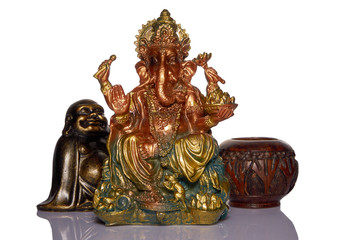 Fototapeta na wymiar The elephant with four arms casei and Hotei. God Ganesha is the elephant of wisdom, fulfilling desires.