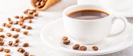 Concept of morning coffee, coffee break on a light background.