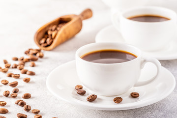 Concept of morning coffee, coffee break on a light background.
