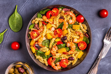 Fusili pasta salad with shrimps.