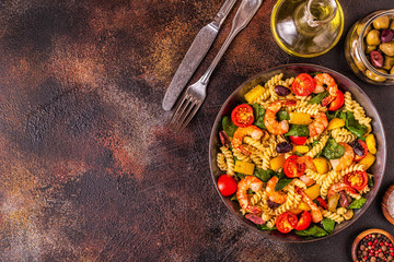 Fusili pasta salad with shrimps.