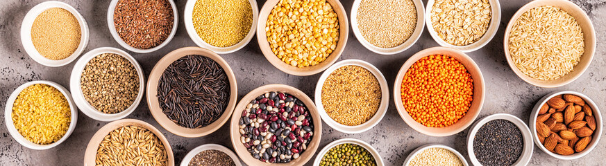 Set of different superfoods, top view.