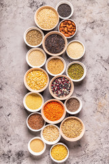 Set of different superfoods, top view.