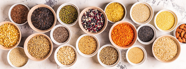 Fototapeta premium Set of different superfoods, top view.
