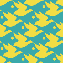 Vector patroon blauwe en gele silhouet vogel en vis naadloze achtergrond in Escher stijl.