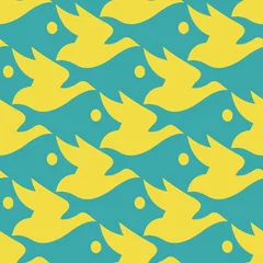  Vector patroon blauwe en gele silhouet vogel en vis naadloze achtergrond in Escher stijl. © Yuriy