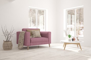 White stylish minimalist room with armchair and winter landscape in window. Scandinavian interior design. 3D illustration