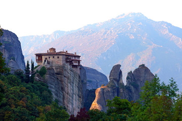 view of Meteora with its monastery and rock formations