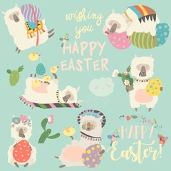 Cute llama or alpaca with Easter eggs