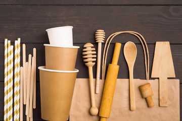 Different eco-friendly tableware with plastic free materials, ecology concept